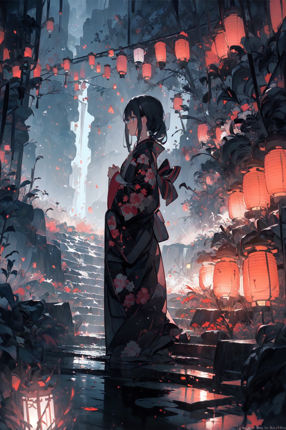 (masterpiece:1.2), best quality,PIXIV,
1girl, solo, black hair, lantern, water, standing, japanese clothes, outdoors, nigh...